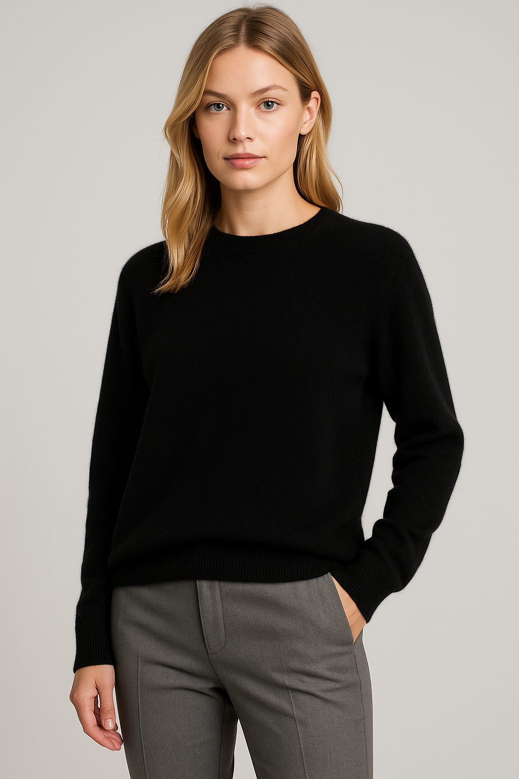 Women's Cashmere Sweater with Crew Neck Loose Fit and Ribbed Hems