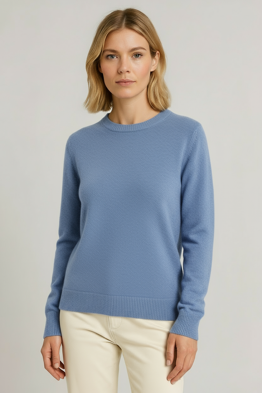 Women's Cashmere Sweater with Crew Neck Loose Fit and Ribbed Hems