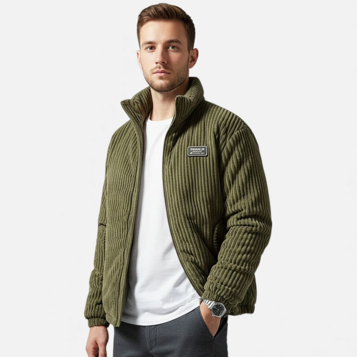 Men's Corduroy Parka with High Collar Quilted Design and Practical Pockets