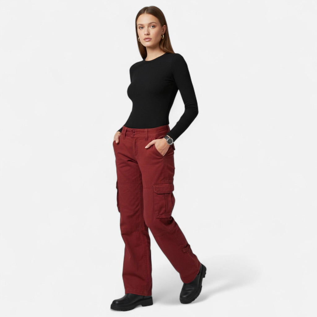 Women's Cargo Pants with Wide Straight Leg Pockets and Cotton Fabric