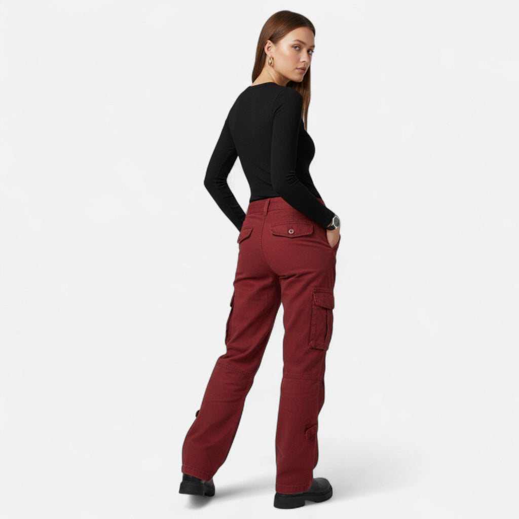 Women's Cargo Pants with Wide Straight Leg Pockets and Cotton Fabric