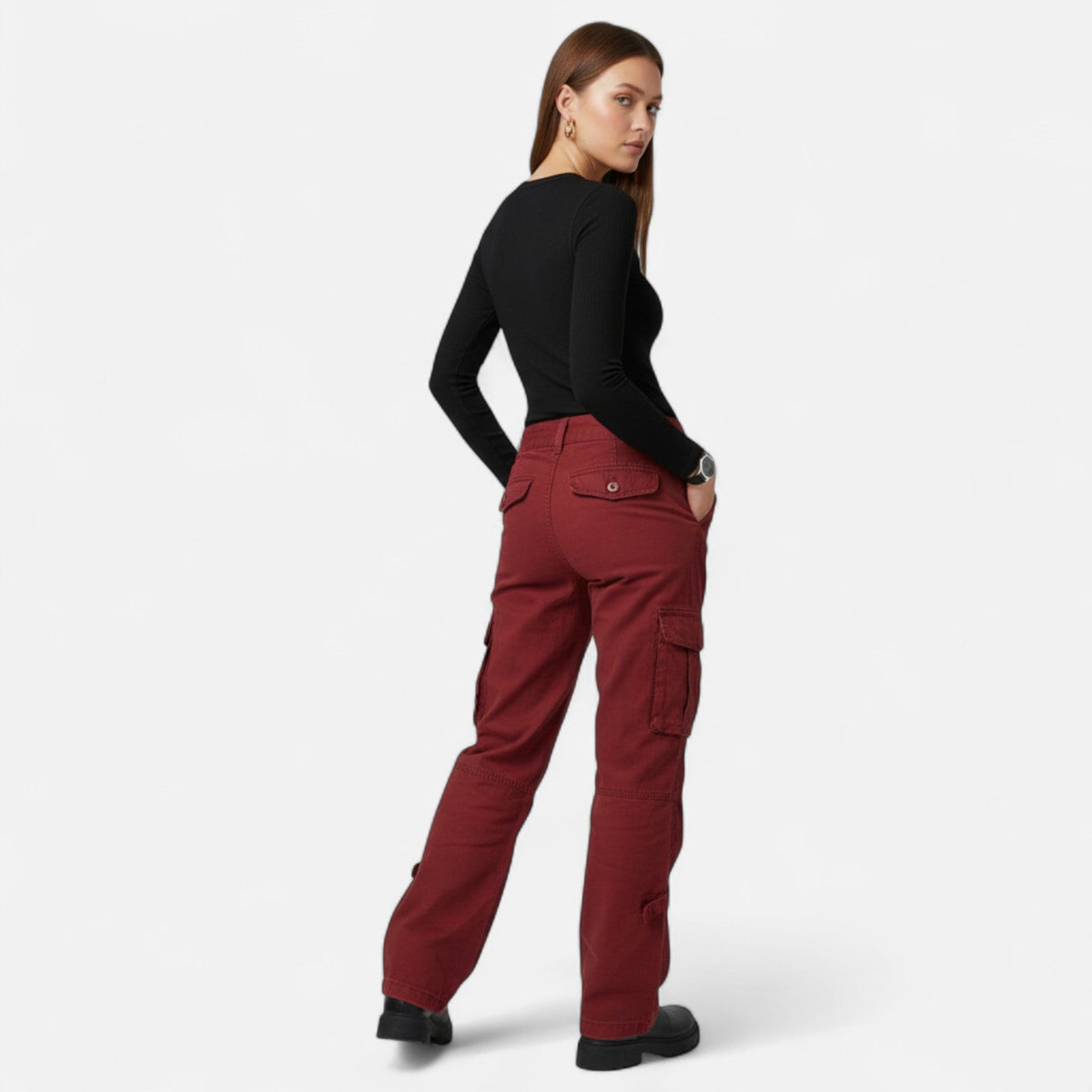 Women's Cargo Pants with Wide Straight Leg Pockets and Cotton Fabric
