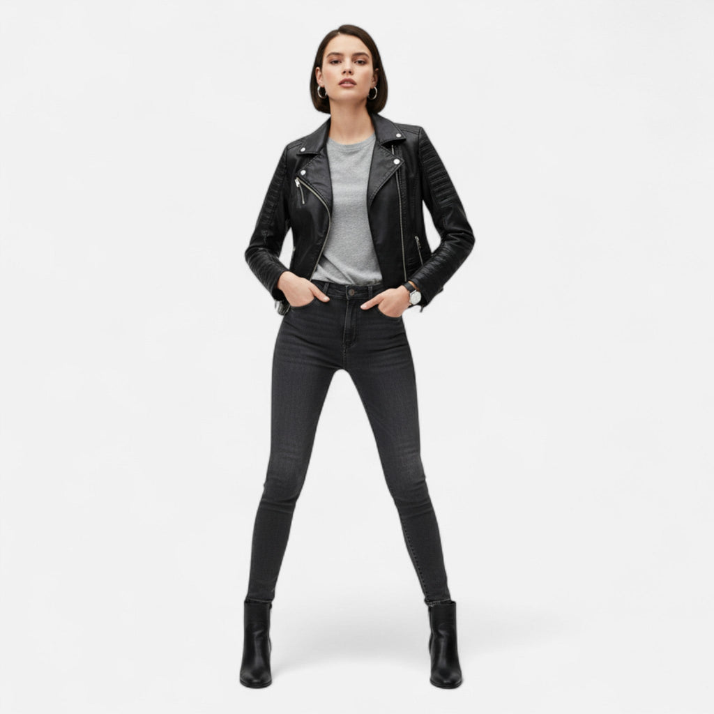 Women's Genuine Leather Jacket with Biker Style and Structured Cut