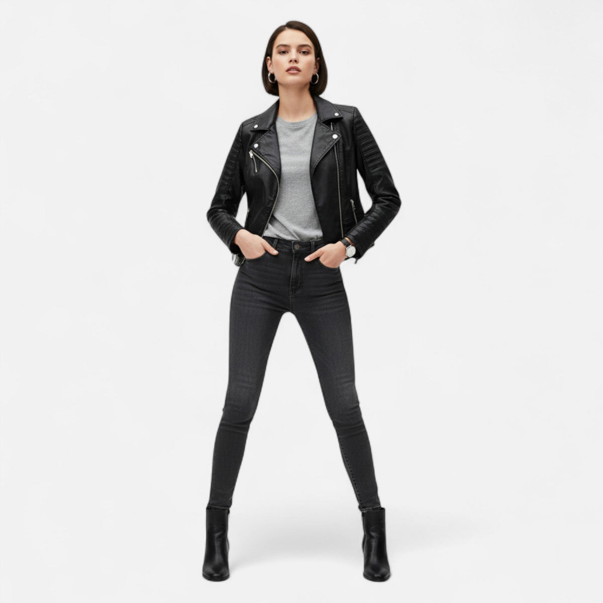 Women's Genuine Leather Jacket with Biker Style and Structured Cut