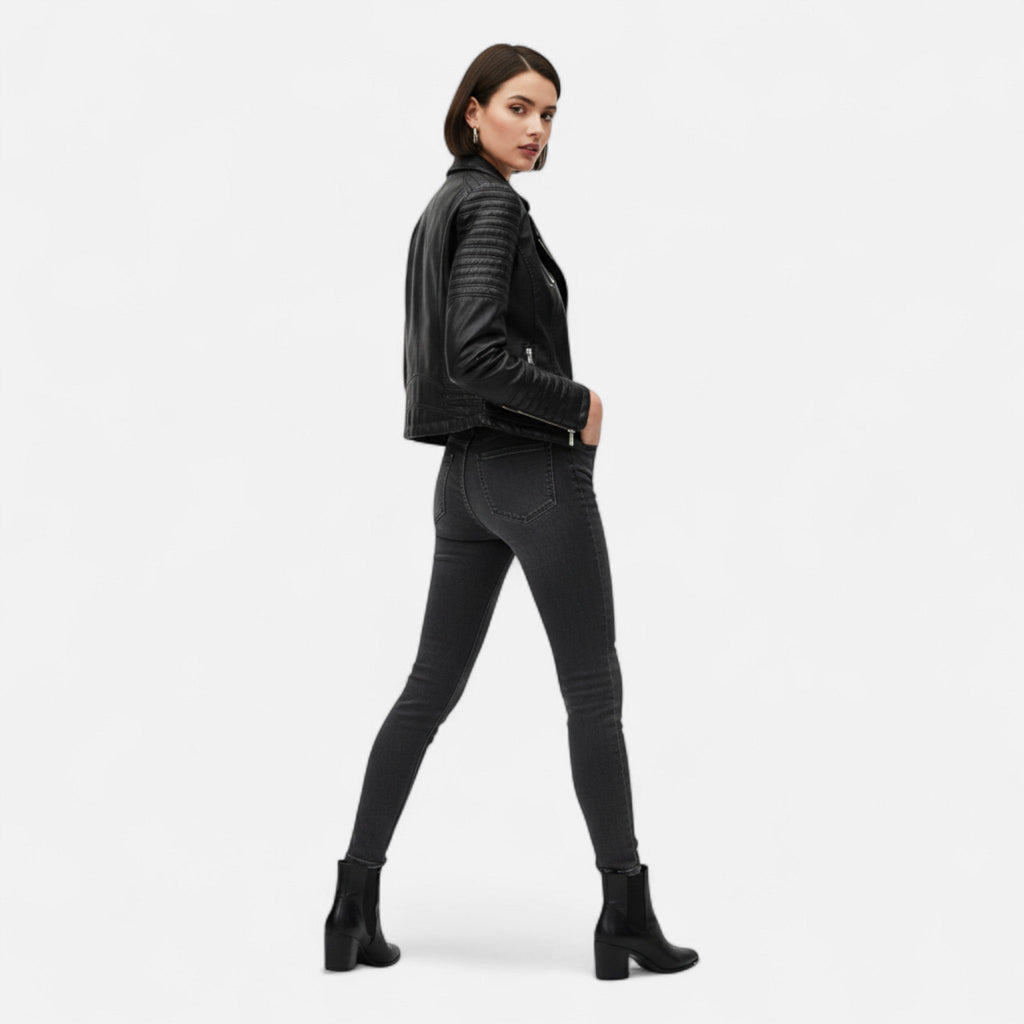 Women's Genuine Leather Jacket with Biker Style and Structured Cut