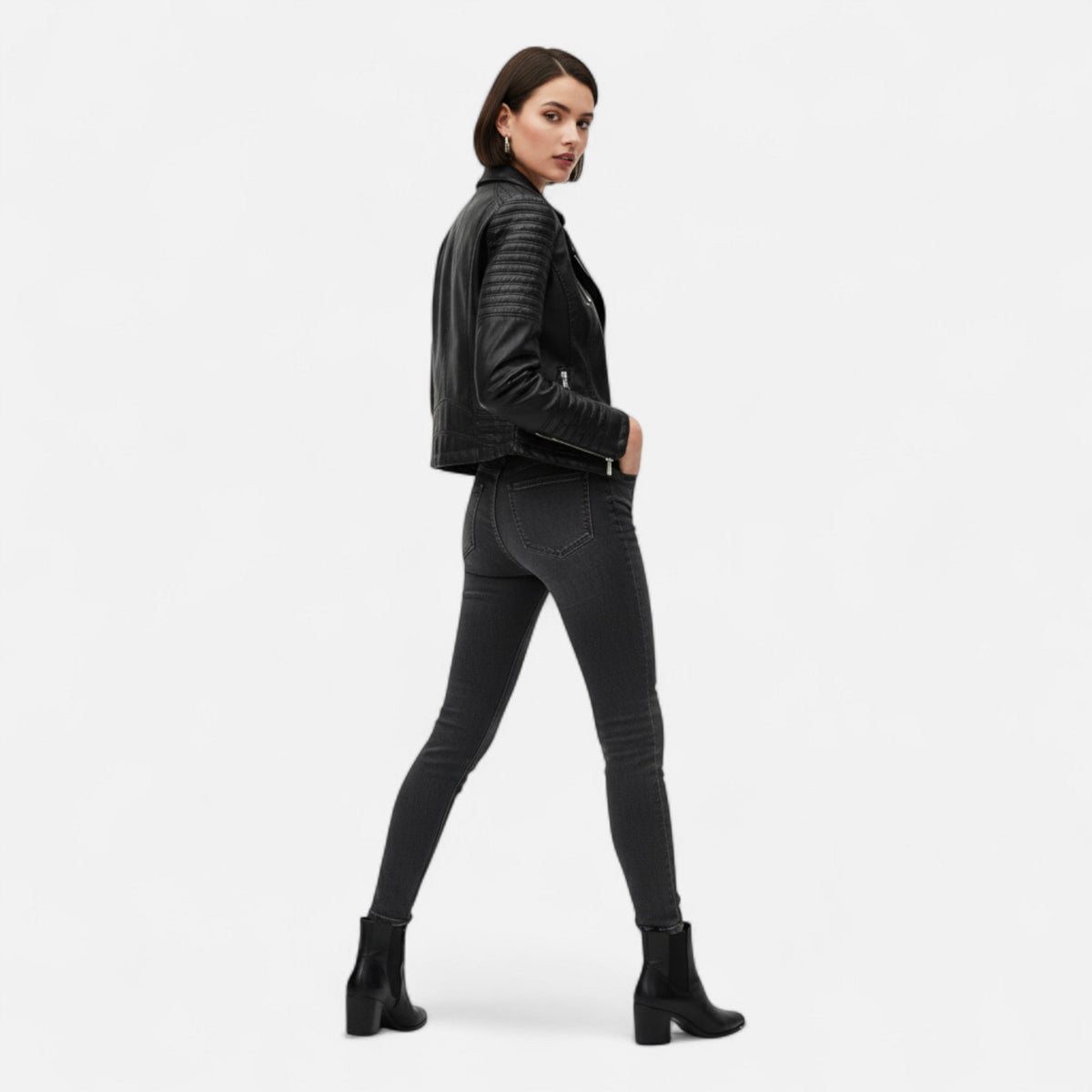 Women's Genuine Leather Jacket with Biker Style and Structured Cut