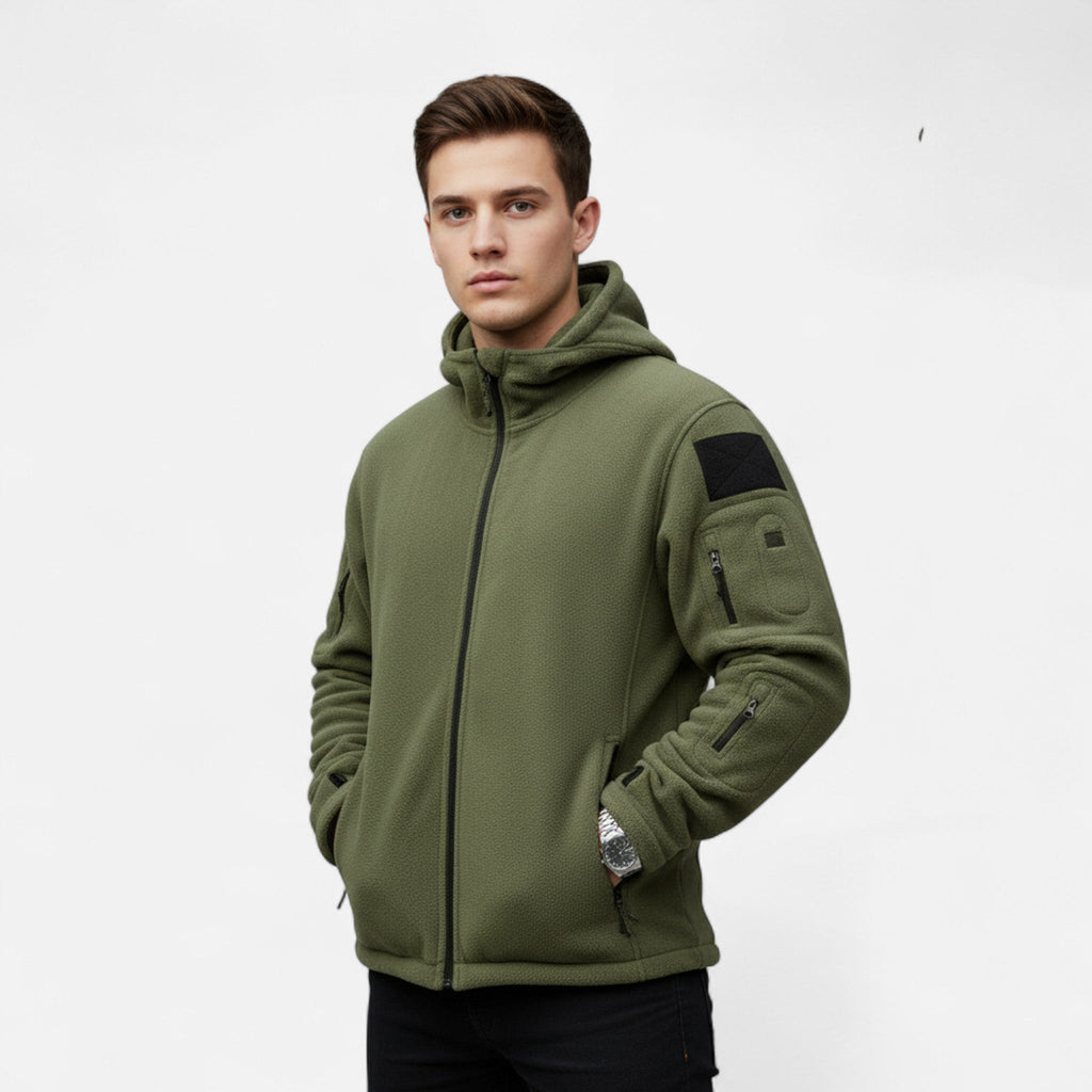 Men's Softshell Jacket with Fleece Lining Adjustable Hood and Zippered Pockets
