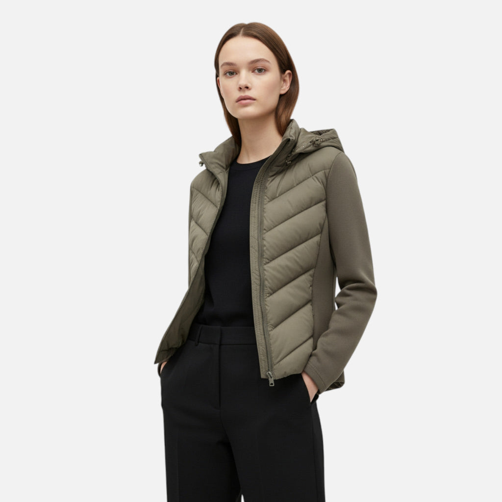 Women's Patchwork Puffer Jacket with Hood Long Cut and Soft Lining