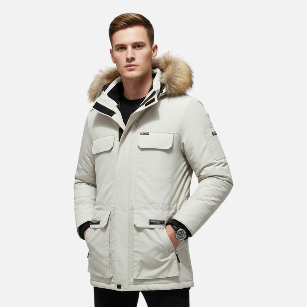 Men's Down Parka with Fleece Lining Adjustable Hood and Windproof Shell