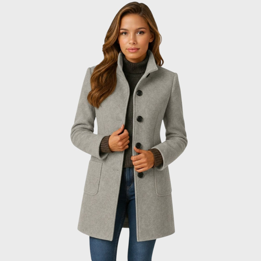 Women's Wool Coat with Structured Collar Button Closure and Fitted Cut
