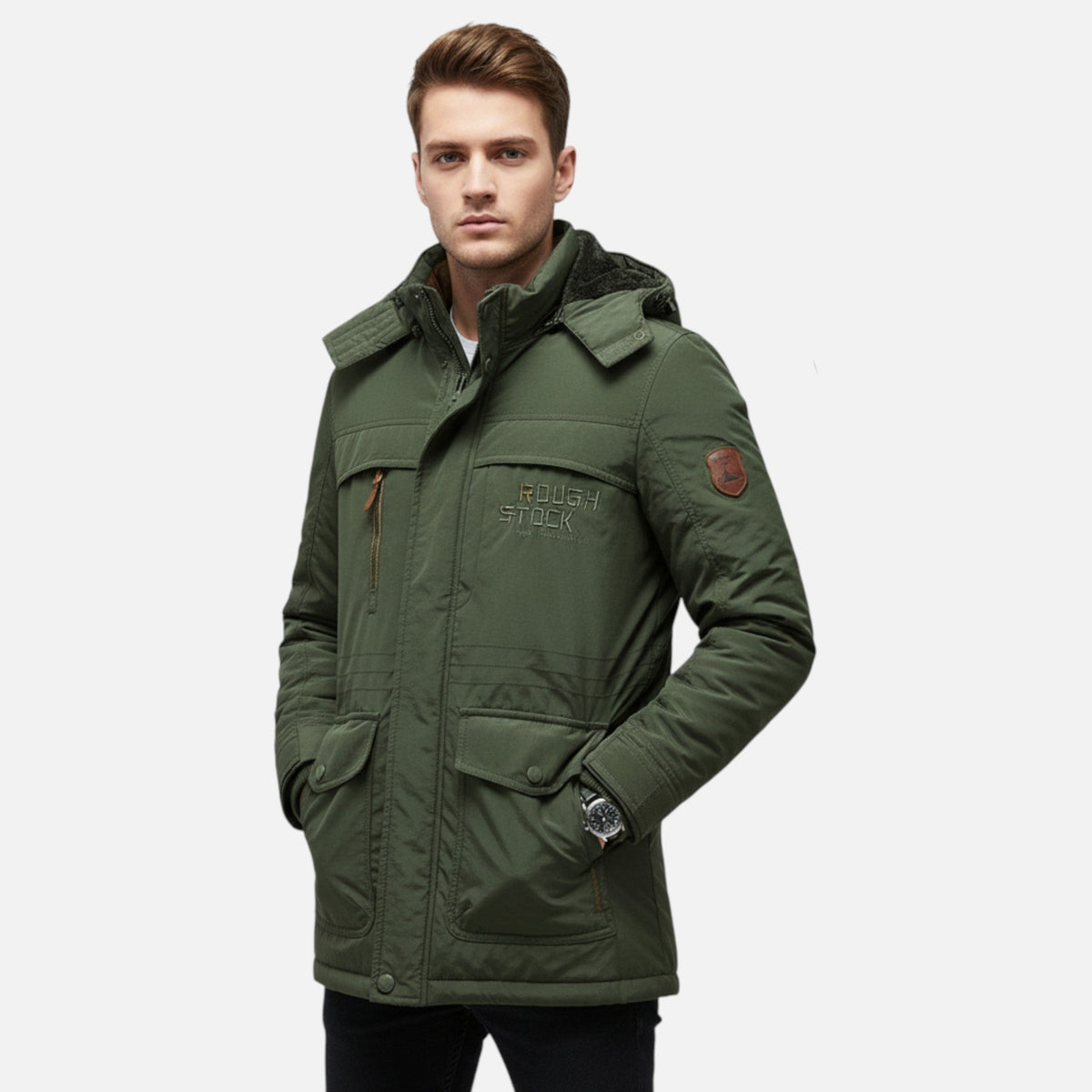 Men's Long Parka with Thick Fleece Lining Adjustable Hood and Robust Closure