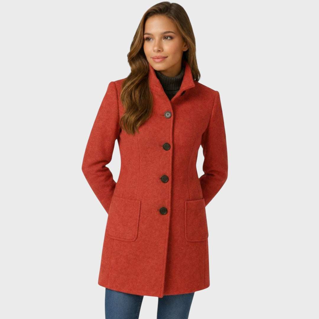 Women's Wool Coat with Structured Collar Button Closure and Fitted Cut