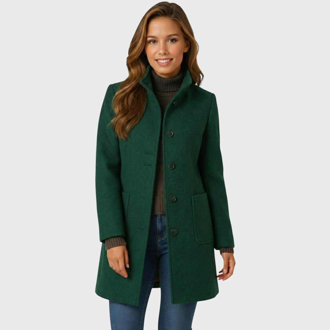Women's Wool Coat with Structured Collar Button Closure and Fitted Cut