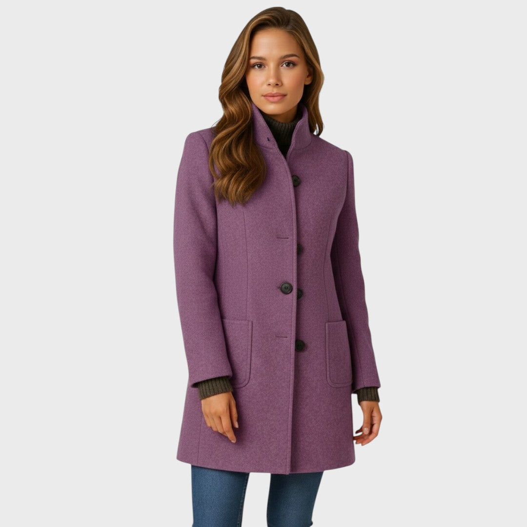 Women's Wool Coat with Structured Collar Button Closure and Fitted Cut