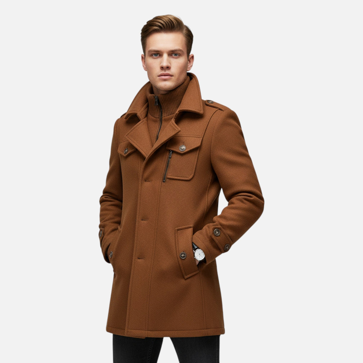 Men's Wool Blend Coat with Double Collar Fitted Cut and Functional Pockets