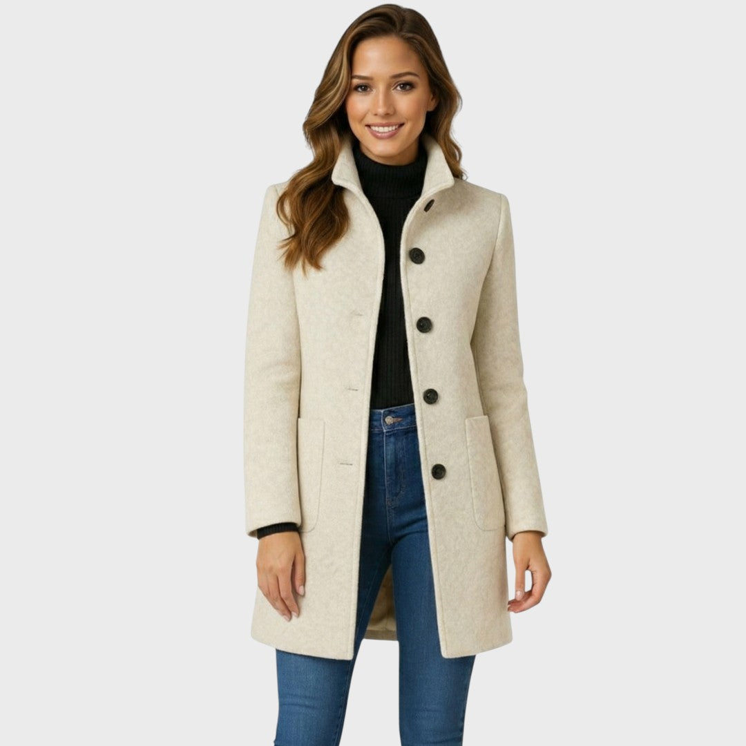 Women's Wool Coat with Structured Collar Button Closure and Fitted Cut