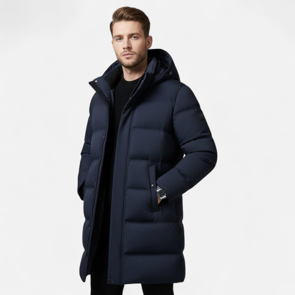 Men's Structured Parka with Quilted Hood and Hidden Zip Closure