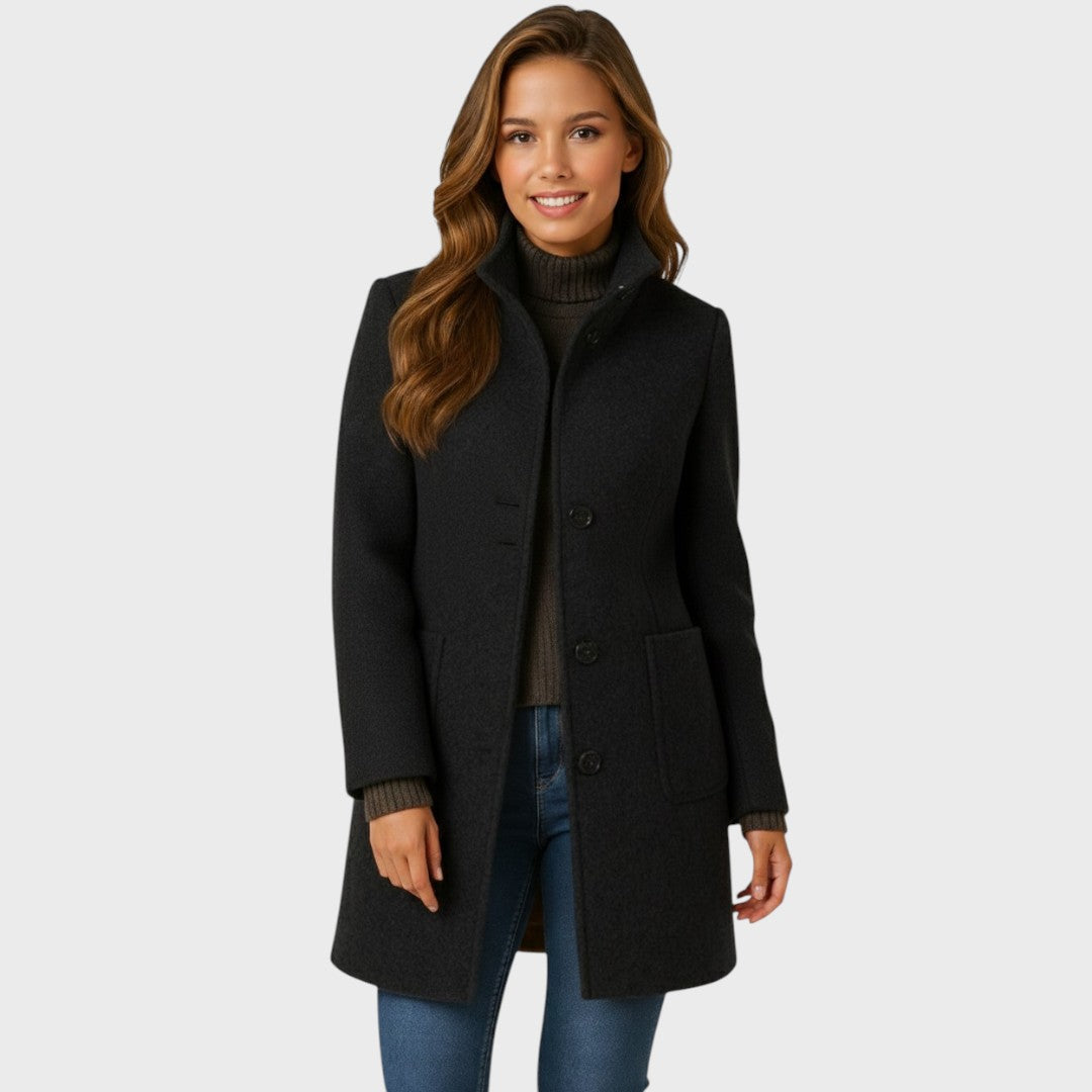 Women's Wool Coat with Structured Collar Button Closure and Fitted Cut