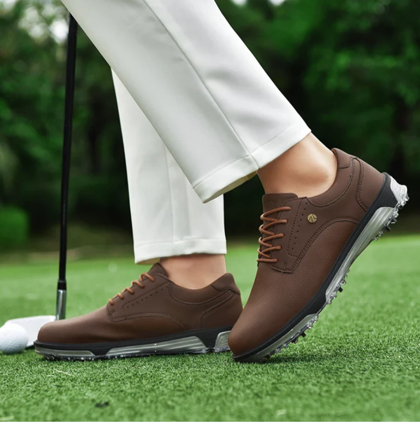 Men's Waterproof Golf Shoes with Full Grain Leather and Non Slip Grip