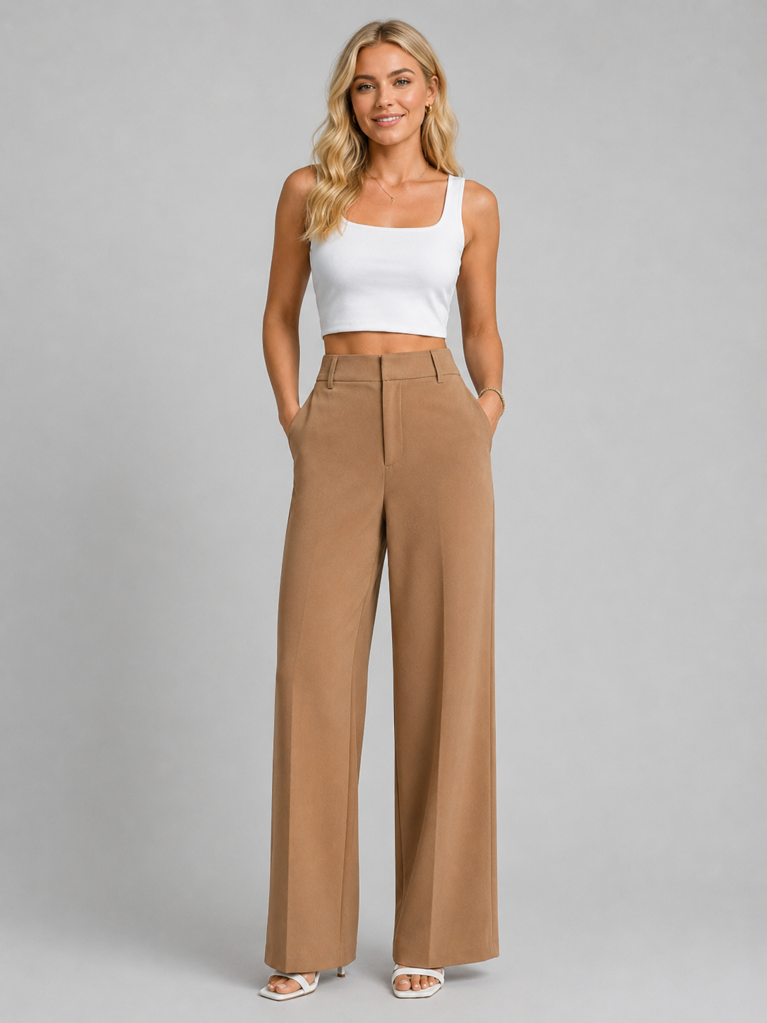 Women's Wide Leg Trousers with High Waist and Tailored Front Pleat