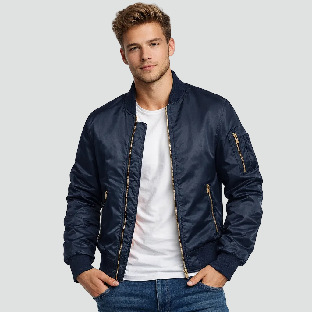 Men's Bomber Jacket with Quilted Lining Zip Closure and Elastic Cuffs