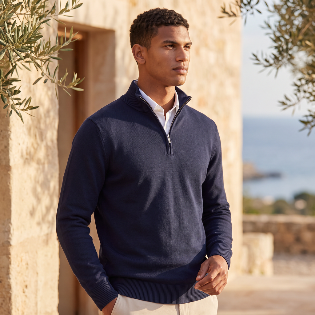 Men's Quarter Zip Knit Sweater with Stand Collar Regular Fit and Soft Fabric