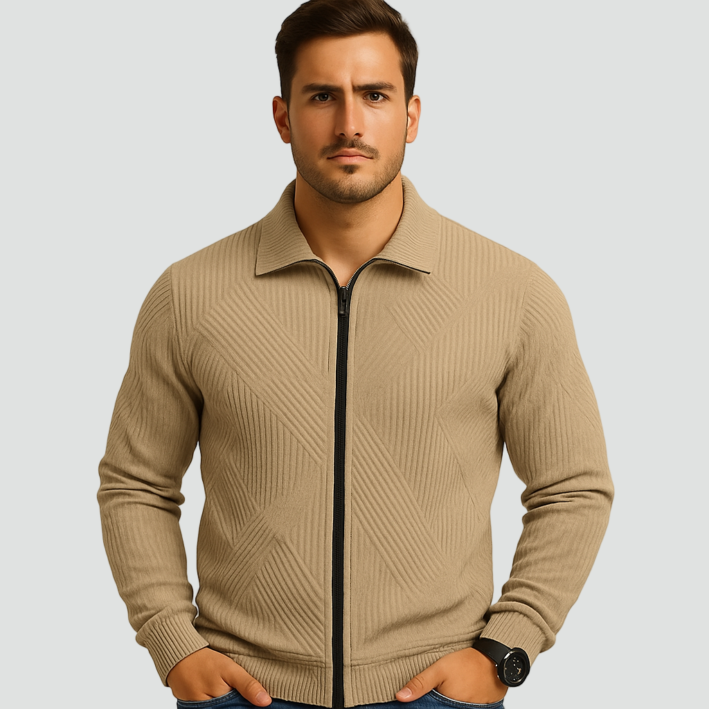 Men's Ribbed Full-Zip Cardigan with Regular Fit and Soft Texture
