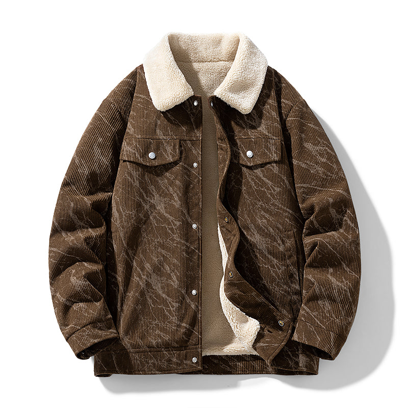 Men's Corduroy Jacket with Fleece Lining Turn Down Collar and Button Front