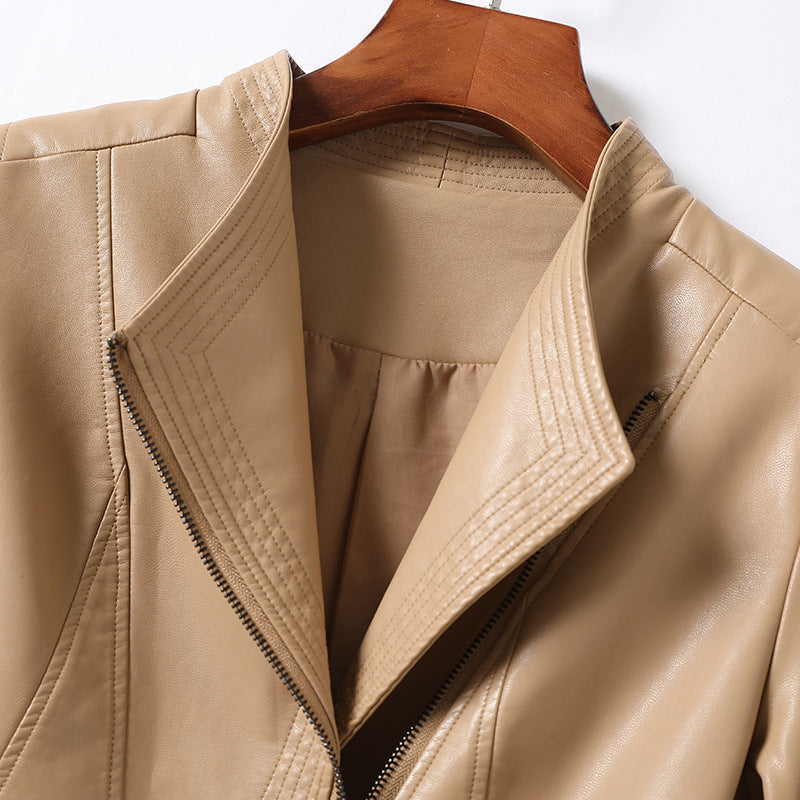 Leather Jacket Asymmetric Front Zip Genuine Leather V-Collar Outerwear