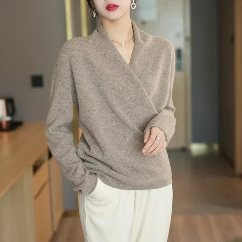 Women's V-Neck Cashmere Knit Sweater with Long Sleeves for Layering