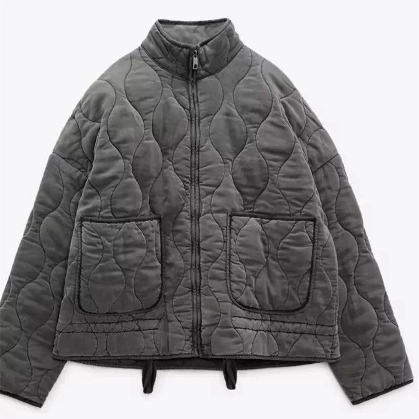 Women's Quilted Jacket with High Stand Collar and Oversized Patch Pockets