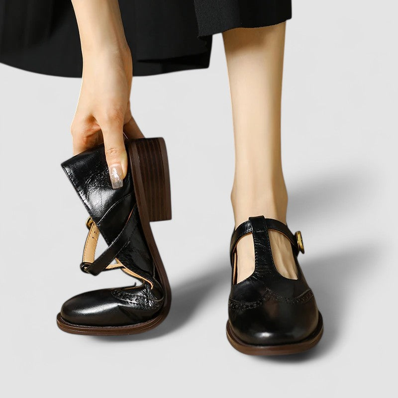 Women's Mary Jane Shoes with Genuine Leather Adjustable Strap and Block Heel