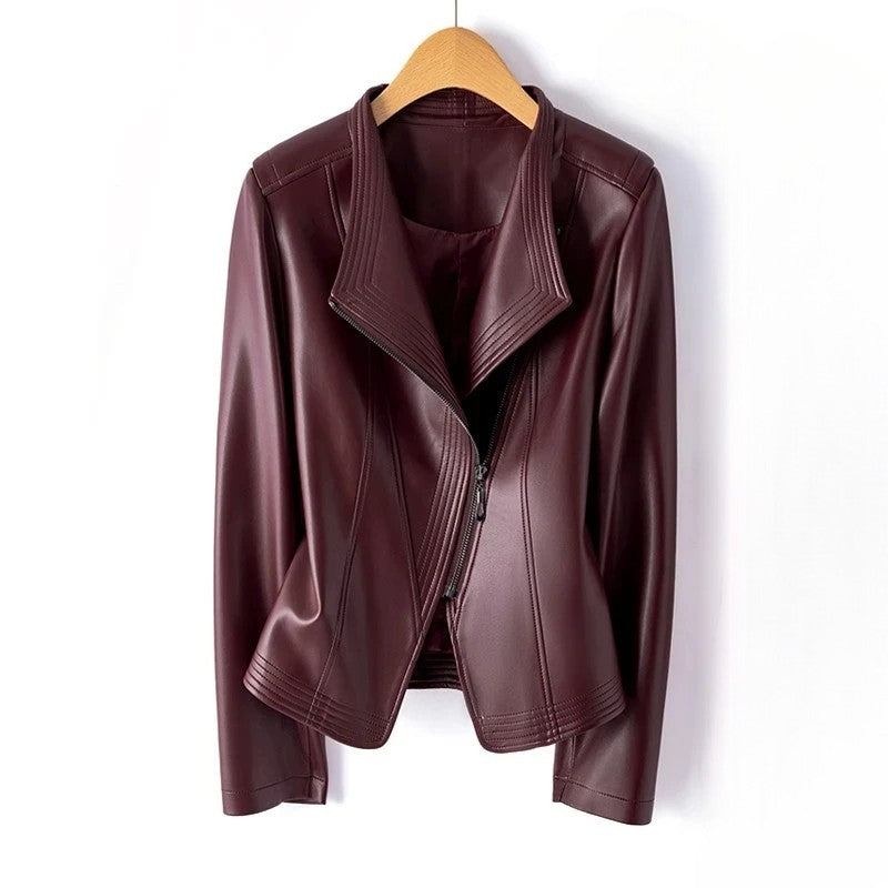 Leather Jacket Asymmetric Front Zip Genuine Leather V-Collar Outerwear