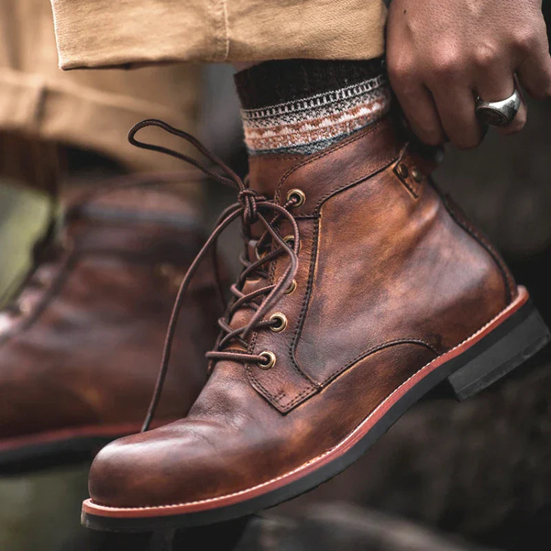 Men's Leather Boots with Round Toe Lace Up Closure and Rubber Outsole