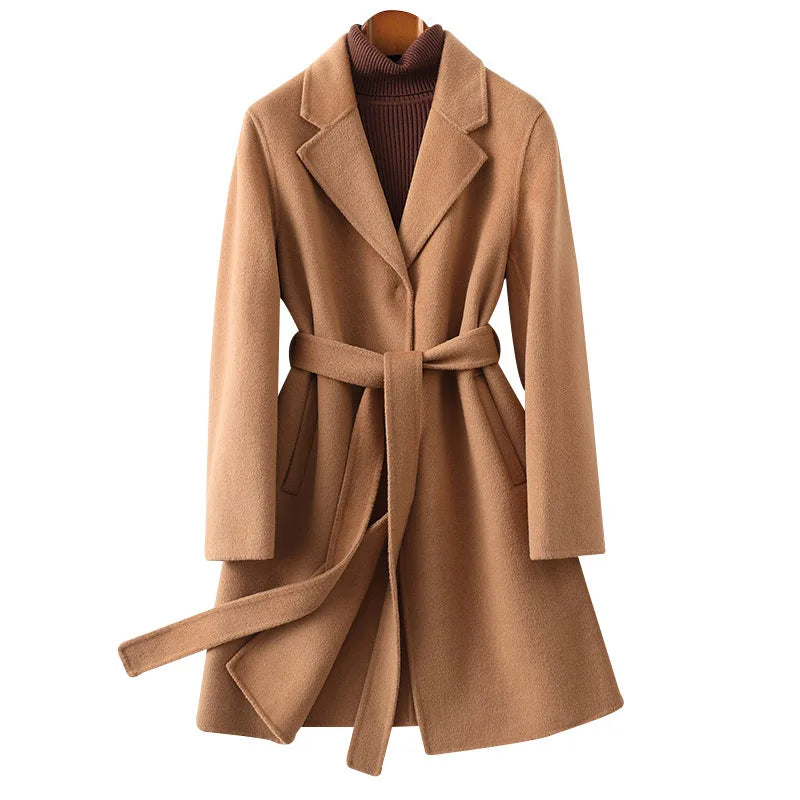 Women's Belted Wool Coat with Cinched Waist and Midi-Length Design