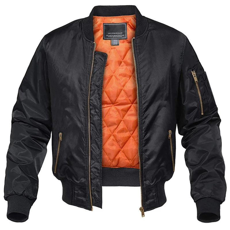 Men's Bomber Jacket with Quilted Lining Zip Closure and Elastic Cuffs