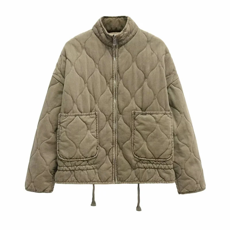 Women's Quilted Jacket with High Stand Collar and Oversized Patch Pockets