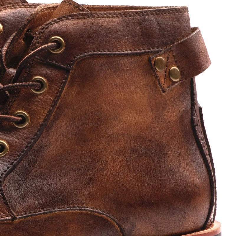 Men's Leather Boots with Round Toe Lace Up Closure and Rubber Outsole
