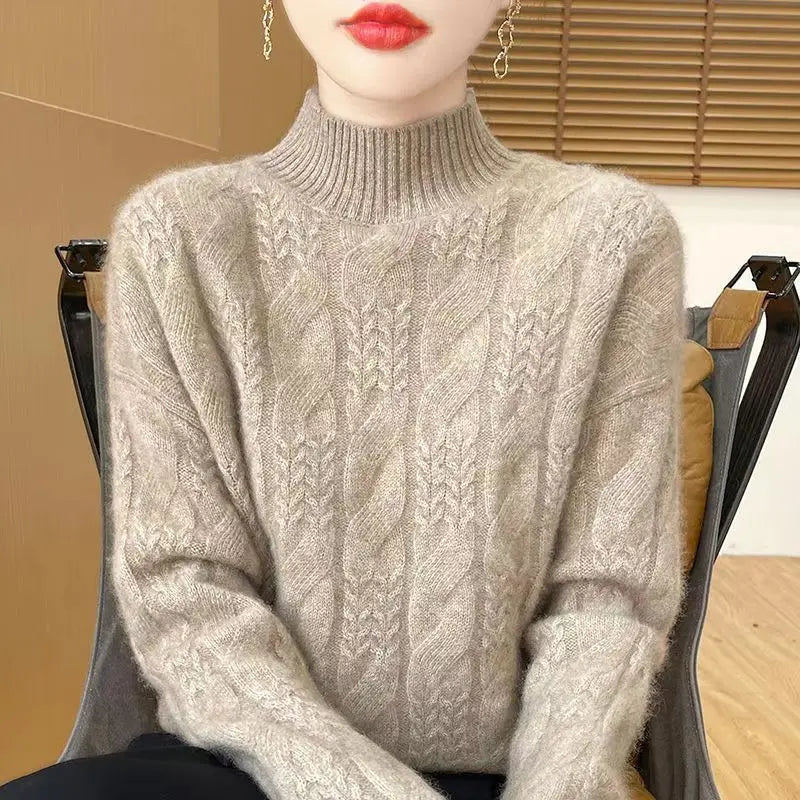 Women's Cable Knit Cashmere Blend Sweater with Half-High Collar