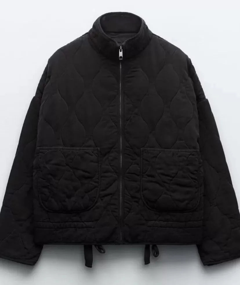 Women's Quilted Jacket with High Stand Collar and Oversized Patch Pockets