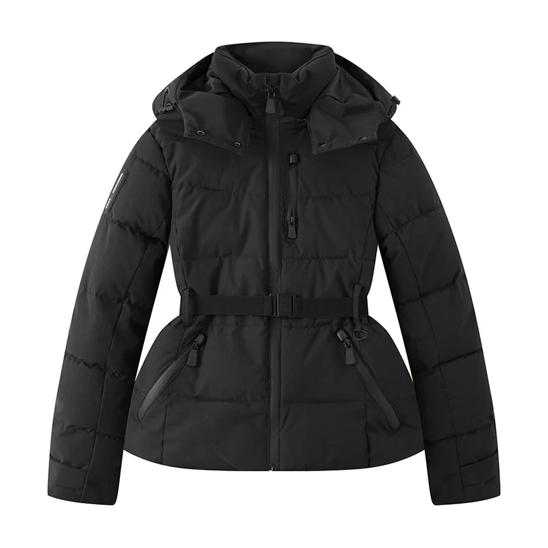 Women's Padded Parka Coat with High Waist Belt Hood and Zip Closure