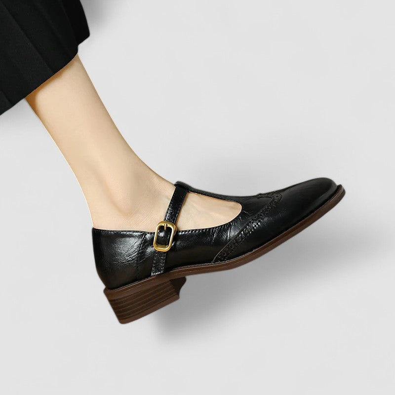 Women's Mary Jane Shoes with Genuine Leather Adjustable Strap and Block Heel