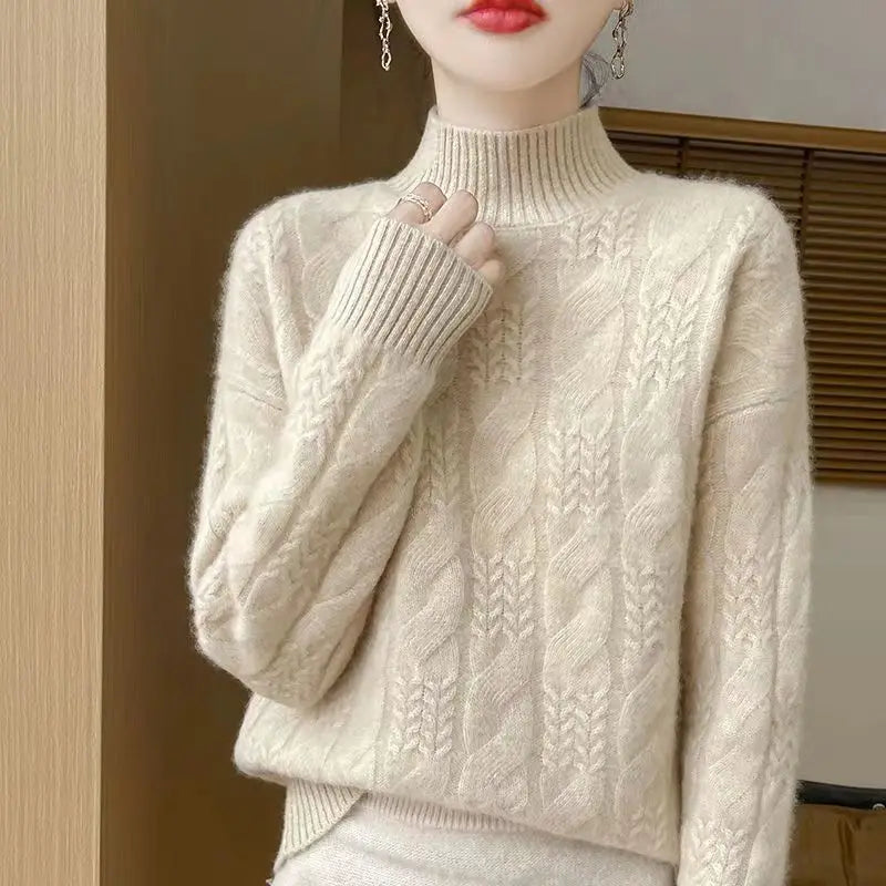Women's Cable Knit Cashmere Blend Sweater with Half-High Collar