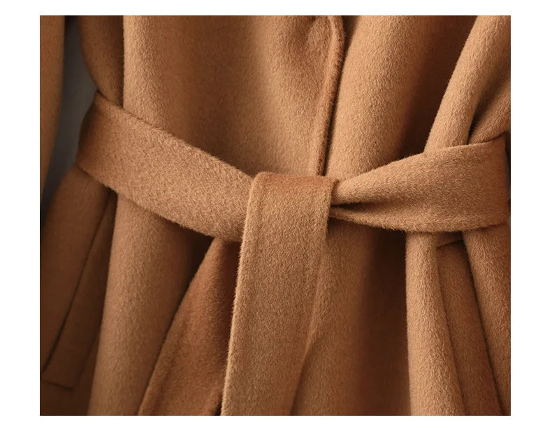 Women's Belted Wool Coat with Cinched Waist and Midi-Length Design