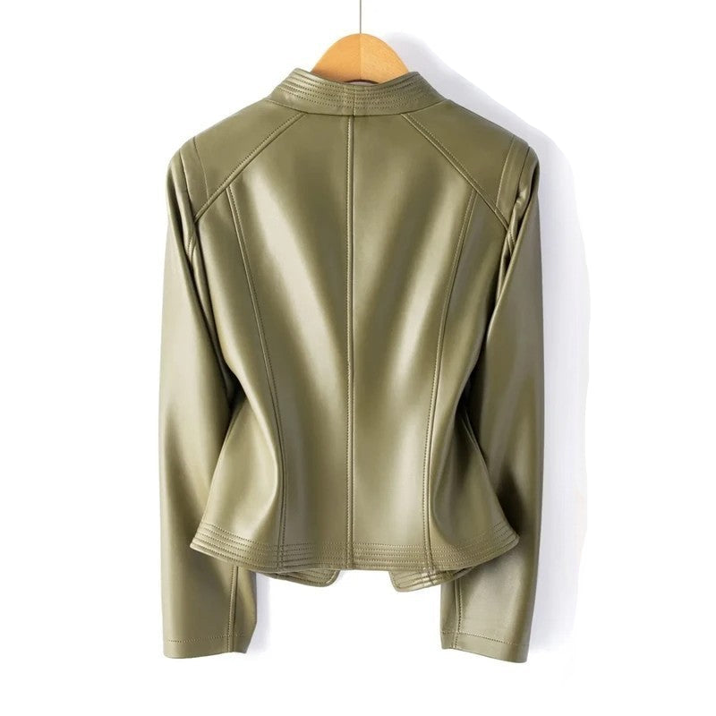 Leather Jacket Asymmetric Front Zip Genuine Leather V-Collar Outerwear