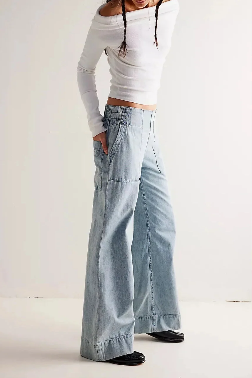 Women's High Waisted Wide Leg Cotton Jeans with Slight Stretch