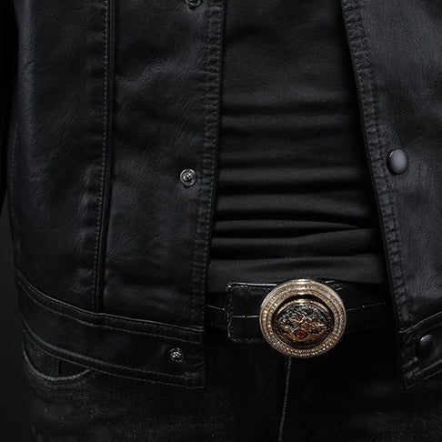 Men's Leather Jacket with Biker Style Protective Collar and Asymmetric Closure