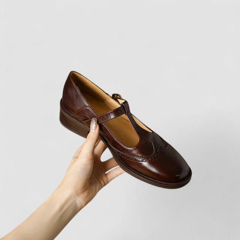 Women's Mary Jane Shoes with Genuine Leather Adjustable Strap and Block Heel