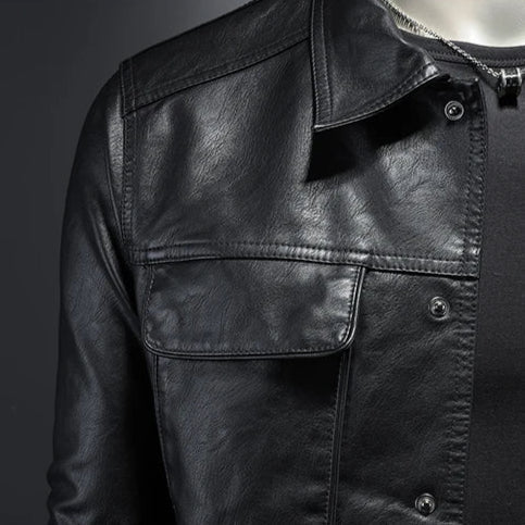 Men's Leather Jacket with Biker Style Protective Collar and Asymmetric Closure