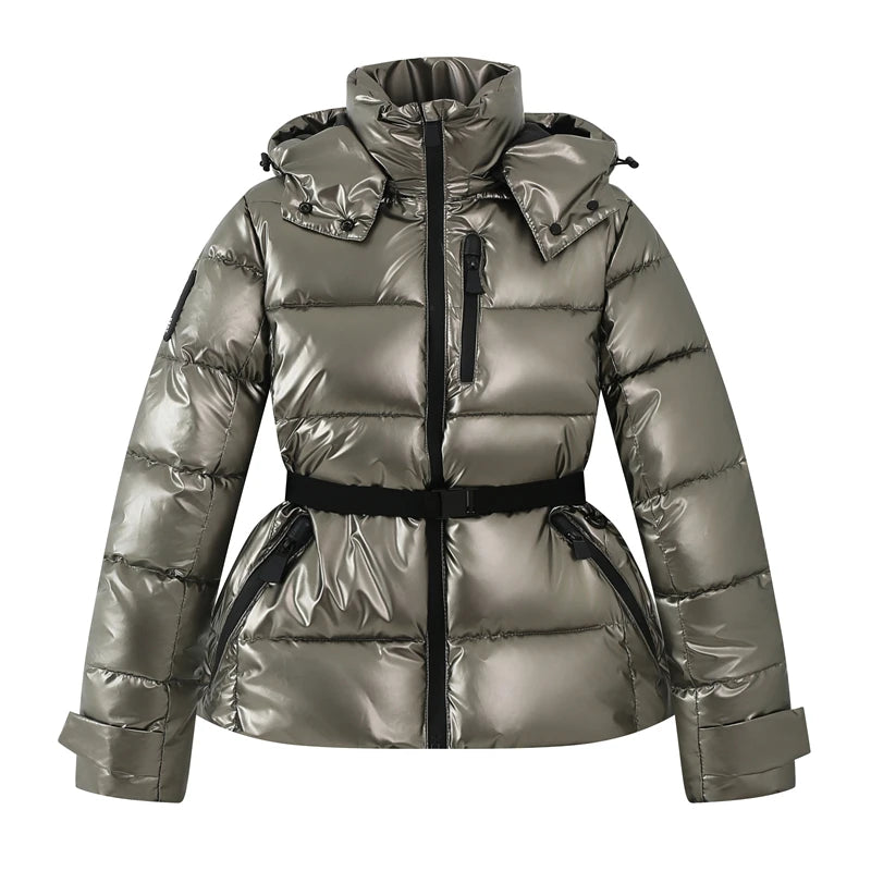 Women's Padded Parka Coat with High Waist Belt Hood and Zip Closure